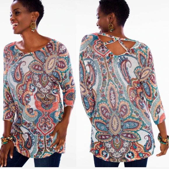 Chico's Women's Multicolor Paisley Cross-Back Detail Sweater Size 4 - Picture 1 of 9